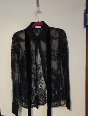 Sheer Black Lace Button-Up Blouse with Neck Ties
